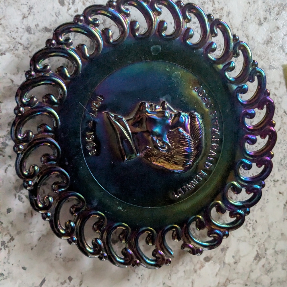 Iridescent Carnival Glass Dish - Deep Blue & Purple Hues